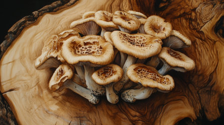 Detailed shot of a cluster of shiitake mushrooms on a wooden cutting board, emphasizing their distinctive, glossy caps and the fine details of their stems.の素材