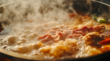Detailed view of a hot pot with a variety of ingredients, such as thinly sliced meat and fresh vegetables, steaming and cooking in the rich, aromatic broth.の素材