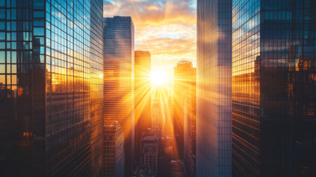 Detailed shot of the sun setting behind a cluster of high-rise buildings, with the suns rays spilling between the structures and creating a beautiful cityscape.の素材