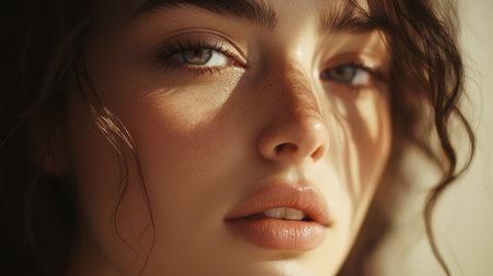 High-resolution close-up of a woman with beautifully done makeup, including elegant eye makeup and a soft, natural lip color, capturing her graceful style.の素材