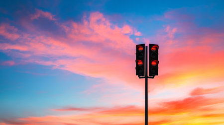 An artistic perspective of a traffic light against a vibrant sunset sky, creating a dramatic silhouette that highlights its essential role in city lifeの素材