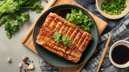 An artistic overhead shot of crispy pork belly served on a colorful platter, drizzled with fish sauce and accompanied by fresh herbs, creating an inviting presentationの素材