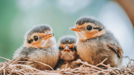 An engaging close-up of baby birds in a nest, with one bird standing up and fluffing its feathers, showcasing their playful nature and curiosityの素材