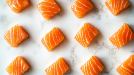 High-definition image of raw salmon sushi pieces arranged on a white background, highlighting the freshness and vibrant color of the fish.の素材