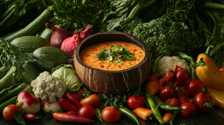 An artistic composition of chili dip served in a coconut shell, surrounded by a colorful array of garden-fresh vegetables, evoking a tropical and healthy vibeの素材
