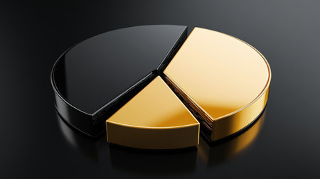 A D pie chart with gold and silver segments on a dark reflective background, illustrating the portion of gold in an investment portfolioの素材