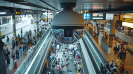 An overhead view of a CCTV camera monitoring a busy transit station, capturing the flow of passengers and emphasizing the importance of safety in public transportationの素材