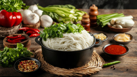 An engaging shot of a traditional noodle dish being served from a pot, with fresh ingredients and sauces displayed in the background, showcasing the cooking processの素材