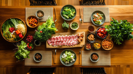A beautiful composition of a dining table set with sweet fish sauce dip, fresh vegetables, and a side of grilled meat, promoting a delicious communal mealの素材