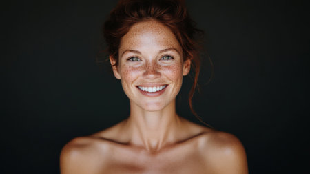 A candid portrait of a woman with freckles smiling brightly, her natural beauty highlighted by a simple and minimalist backgroundの素材