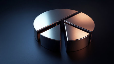 A D financial pie chart with metallic segments, casting shadows on a dark background, creating a modern, professional data visualizationの素材