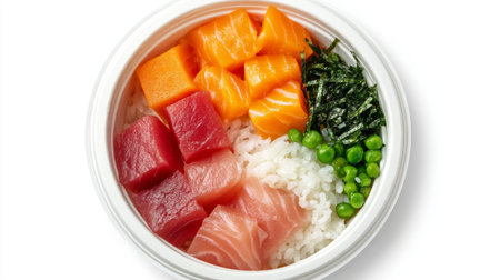 An overhead shot of a colorful poke bowl filled with fresh fish, vegetables, and rice, beautifully arranged to highlight its vibrant colors and texturesの素材