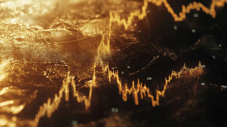 A candlestick chart in rich gold and black tones on a sleek background, highlighting the daily price changes of gold in a premium designの素材