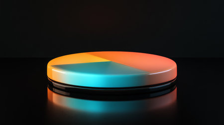 A D pie chart in warm and cool tones, floating slightly above a reflective black surface, creating a sophisticated, data-centric designの素材