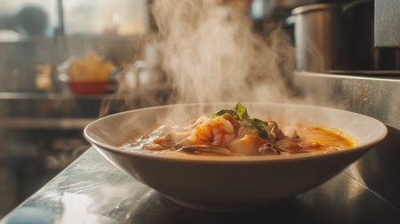 A close-up of a bowl of tom yum kung with shrimp and mushrooms, showcasing the rich broth's vibrant colors and steam rising in a cozy kitchen settingの素材