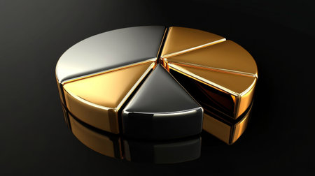 A D pie chart with gold and silver segments on a dark reflective background, illustrating the portion of gold in an investment portfolioの素材