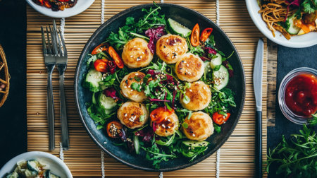 A beautifully garnished plate of takoyaki with a variety of sauces drizzled over it, placed on a bamboo mat for an authentic Japanese dining experienceの素材
