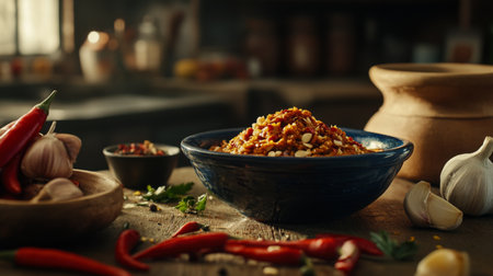A captivating close-up of a bowl of chili paste, surrounded by fresh chilies, garlic, and spices, highlighting the ingredients used in creating spicy dishesの素材