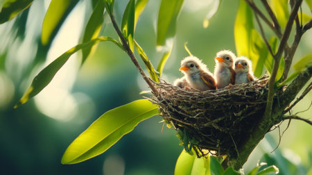 A captivating photograph of a bird's nest in the wild, with baby birds eagerly waiting for food, framed by lush greenery and vibrant colorsの素材