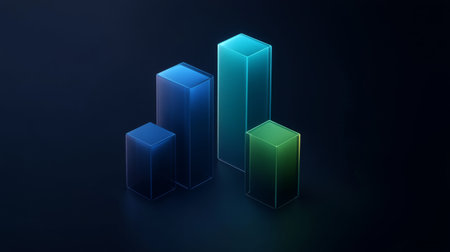 A D bar graph in cool blues and greens on a dark background with soft lighting from above, creating a sophisticated, data-centric visualの素材