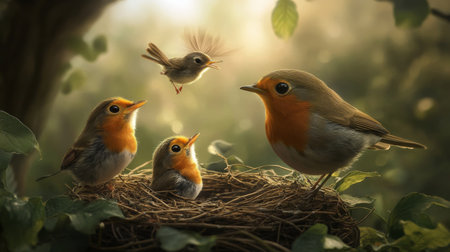 A beautiful image of a nest with baby birds looking up, with a blurred background of their parent bird flying in to feed them, highlighting nature's dynamicsの素材
