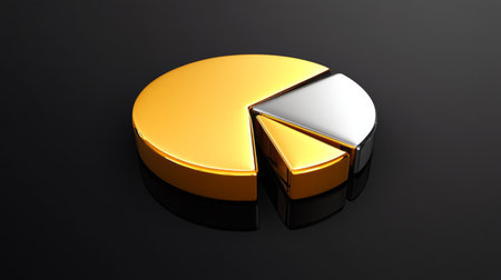 A D pie chart with gold and silver segments on a dark reflective background, illustrating the portion of gold in an investment portfolioの素材