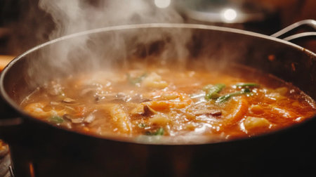 A close-up of a bowl of tom yum kung with shrimp and mushrooms, showcasing the rich broth's vibrant colors and steam rising in a cozy kitchen settingの素材