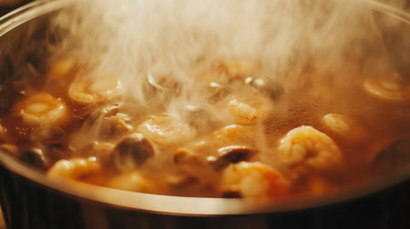 A close-up of a bowl of tom yum kung with shrimp and mushrooms, showcasing the rich broth's vibrant colors and steam rising in a cozy kitchen settingの素材