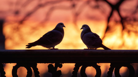 A beautiful image of a pair of doves perched on a railing at sunset, their silhouettes framed by the warm colors of the evening sky, creating a romantic sceneの素材