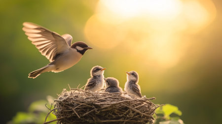 A beautiful image of a nest with baby birds looking up, with a blurred background of their parent bird flying in to feed them, highlighting nature's dynamicsの素材