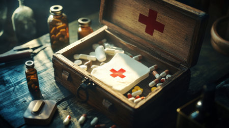 A close-up of a wooden first-aid kit opened to reveal an array of essential medications and bandages, with soft lighting highlighting the contentsの素材