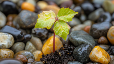 A close-up of a tree sapling with fresh green leaves being planted in the ground, with rich soil and small stones, representing new beginnings in natureの素材