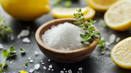 A close-up of a small bowl of flaky sea salt, with fresh herbs and lemon slices arranged artistically around it, highlighting the freshness of ingredientsの素材