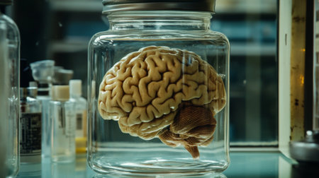 A close-up of a brain in a glass jar filled with clear liquid, with soft lighting enhancing its details, creating a scientific and intriguing atmosphereの素材