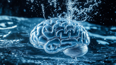 A conceptual image of a brain submerged in water, with bubbles rising around it, symbolizing ideas and thoughts floating to the surfaceの素材