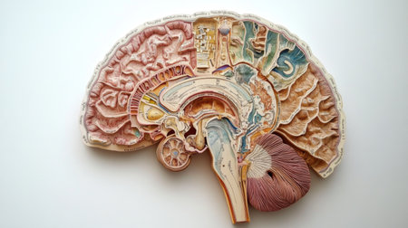A detailed cross-sectional view of a human brain with labeled parts, set against a clean white background, emphasizing its complexity and functionsの素材