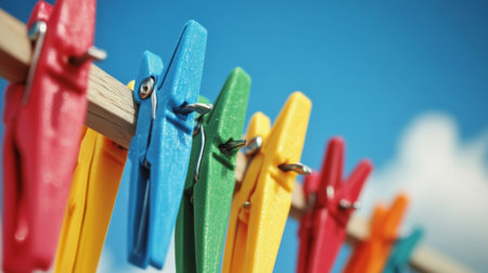 A close-up shot of colorful clothespins securing garments on a clothes drying rack, against a bright blue sky, adding a playful and cheerful touch to the sceneの素材