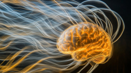 A creative composition of a brain surrounded by light trails, symbolizing electrical impulses and thought processes, set against a dark backdropの素材