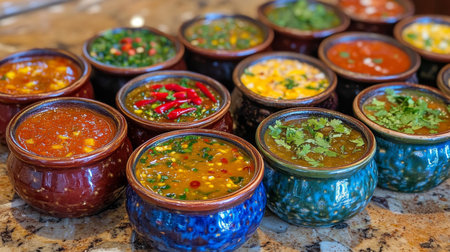 A colorful arrangement of chili sauces and pastes in small bowls, garnished with fresh herbs and sliced chilies, promoting a flavorful cooking atmosphereの素材