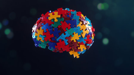 A creative image of a brain composed of puzzle pieces, symbolizing the complexity of thoughts and emotions, set against a contrasting dark backgroundの素材