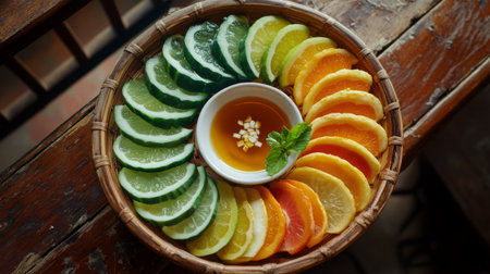 A delightful scene featuring a colorful plate of fresh vegetables with a small bowl of sweet fish sauce dip in the center, emphasizing a healthy snack optionの素材