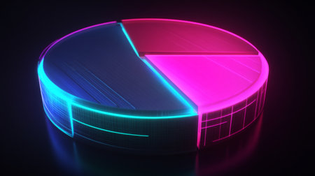 A digital-style pie chart in neon colors, with sections in pink, blue, and green, glowing against a black background for a high-tech finance lookの素材
