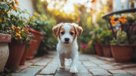 A cute puppy exploring a backyard, with its nose to the ground and a playful stance, surrounded by garden decorations and vibrant flowersの素材