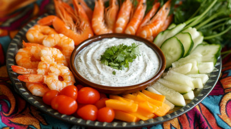 A delightful image of a platter featuring sweet fish sauce dip, flanked by fresh shrimp and assorted vegetables, set against a vibrant tableclothの素材