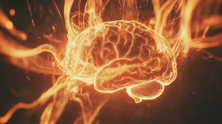 A creative composition of a brain surrounded by light trails, symbolizing electrical impulses and thought processes, set against a dark backdropの素材
