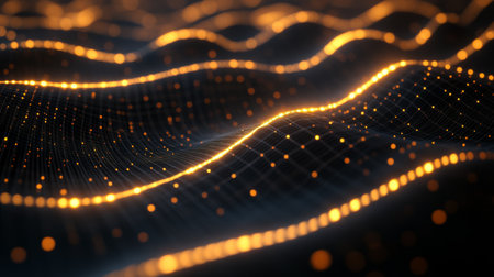 A digital chart with a glowing golden line representing gold price trends, set against a dark background with subtle financial grid linesの素材