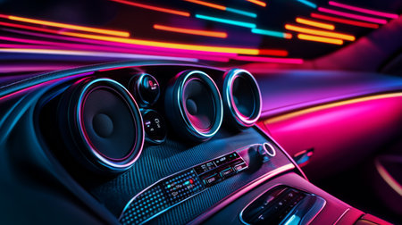 A dramatic close-up of a car's dashboard with a sound system control panel and speakers, lit by colorful ambient lights, creating an inviting atmosphereの素材