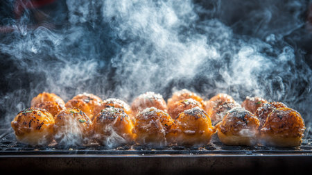 A dynamic image of takoyaki balls sizzling on a hot griddle, with a smoky background and steam rising, capturing the essence of street food preparationの素材