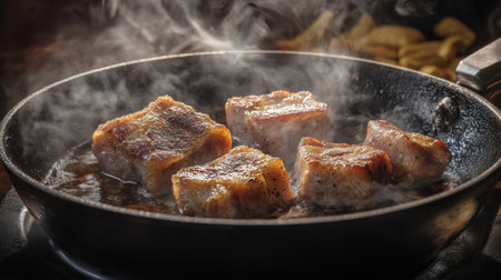 A dynamic image of sizzling pork belly being fried in a pan, with steam rising and the texture of the meat highlighted, evoking the cooking processの素材