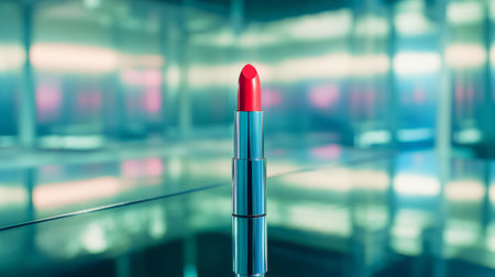 A dramatic shot of a single lipstick tube standing upright on a mirrored surface, reflecting its bold color, surrounded by soft, ambient lightingの素材